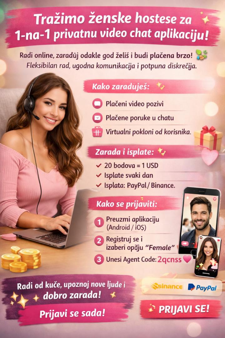 Zapošljavamo ženske hostese za 1-na-1 privatnu video chat aplikaciju